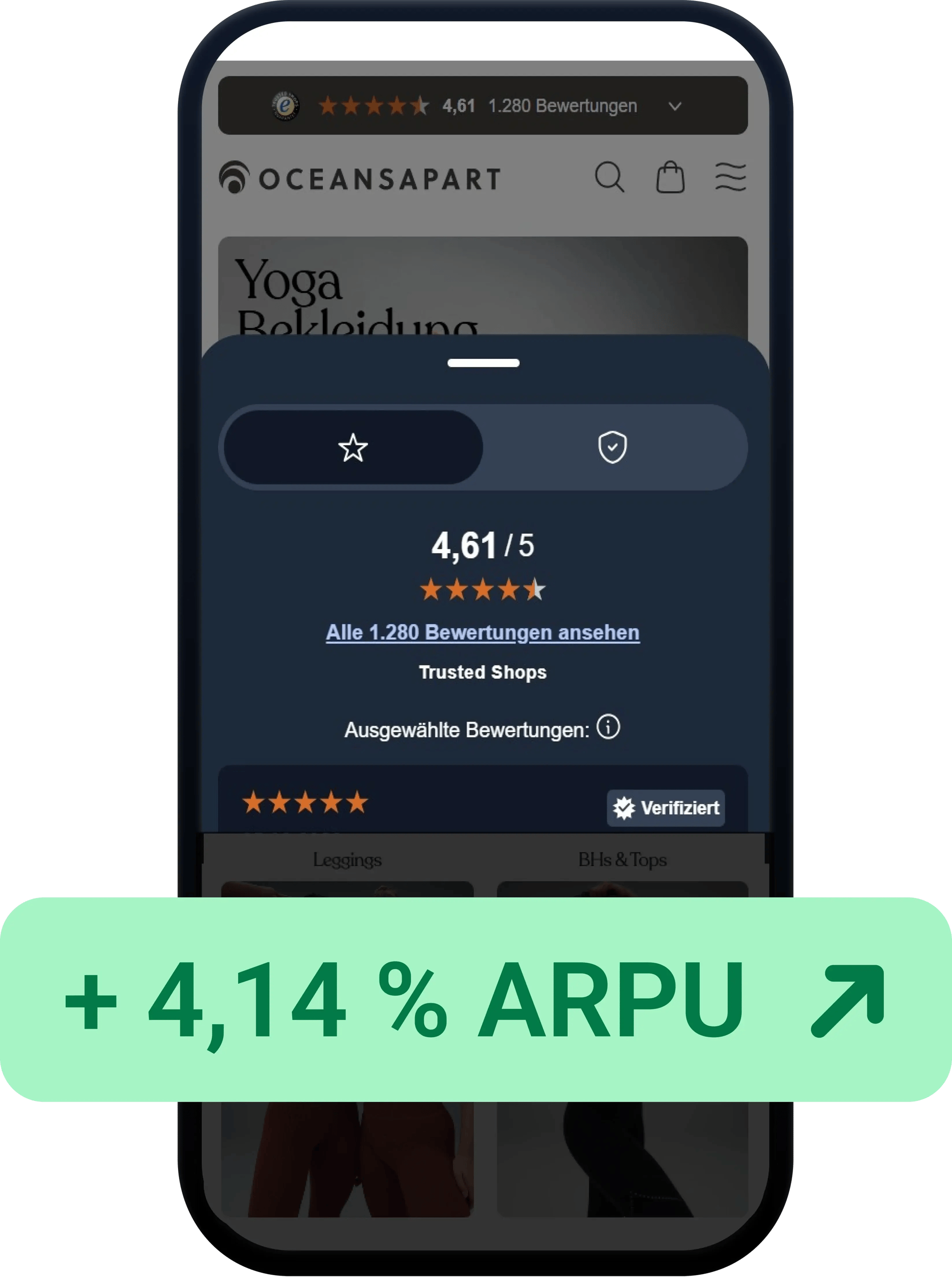 Pełne okno Trustbadge pokazujące ocenę 4,61/5 wyświetlone na smartfonie, nad nim belka z napisem 