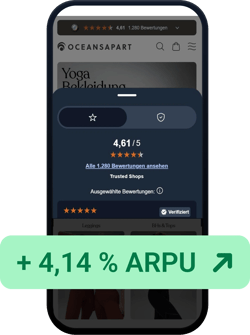 Pełne okno Trustbadge pokazujące ocenę 4,61/5 wyświetlone na smartfonie, nad nim belka z napisem 