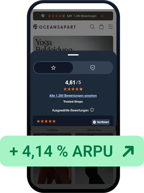 Pełne okno Trustbadge pokazujące ocenę 4,61/5 wyświetlone na smartfonie, nad nim belka z napisem 