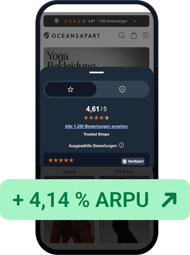 Pełne okno Trustbadge pokazujące ocenę 4,61/5 wyświetlone na smartfonie, nad nim belka z napisem 