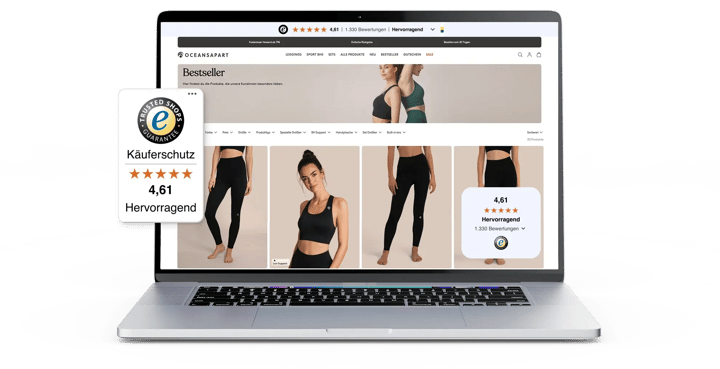 Strona główna OCEANSAPART na laptopie z widoczną belką z opiniami i znakiem jakości w dwóch wariantach
