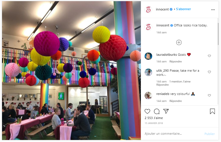 Post na Instagramie marki Innocent pokazujący biuro firmy i kulisy pracy