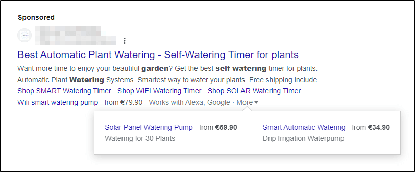 przykład rozszerzenia ceny w google ads