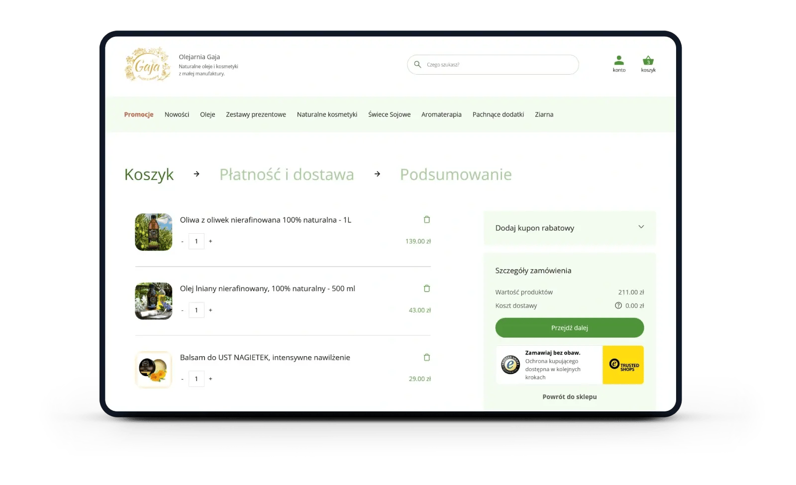 tablet pokazujący koszyk sklepu olejarnia-gaja.pl
