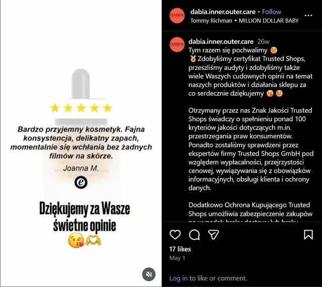 Wpis na Instagramie o znaku jakości Trusted Shops z opinią dodaną jako grafika