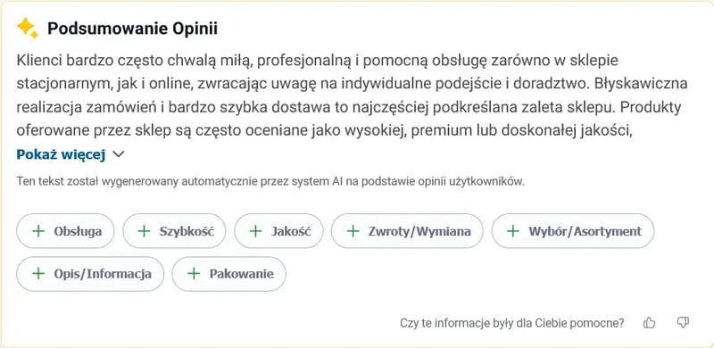 okno zawierające podsumowanie opinii sklepu przygotowane przez AI