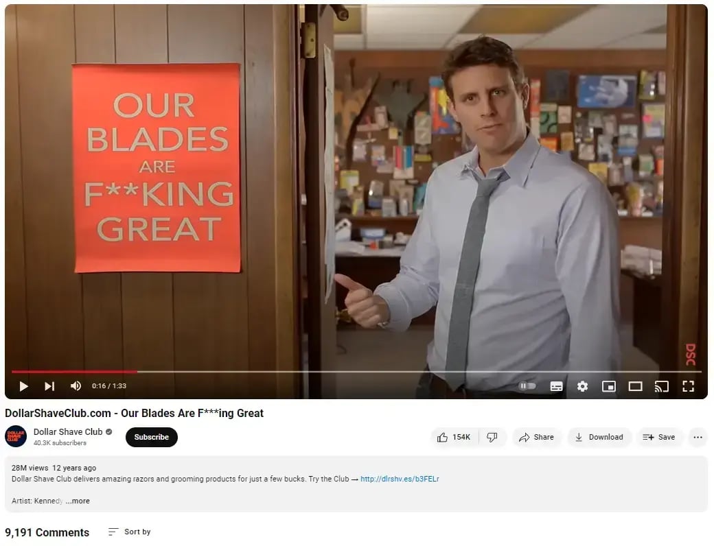 wideo promocyjne Dollar Shave Club na YouTube