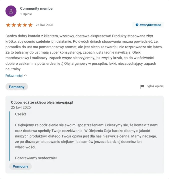 Zrzut ekranu z profilu sklepu Olejarnia Gaja z 5-gwiazdkową opinią i spersonalizowaną odpowiedzią sklepu