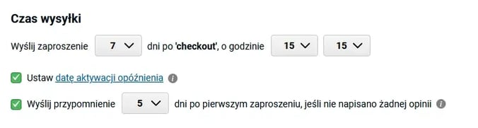 Zrzut ekranu z panelu kontrolnego z ustawieniami czasu wysyłki zaproszeń