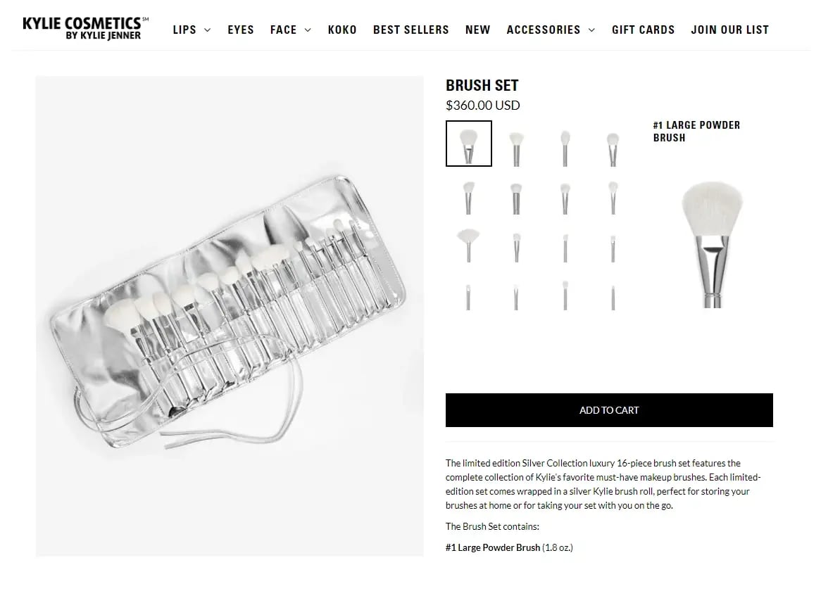 Strona produktowa sklepu Kylie Jenner z zestawem pędzli do makijażu