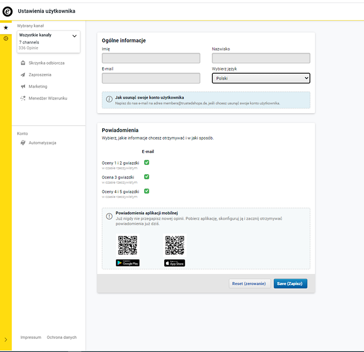 powiadomienia e-mail trusted shops