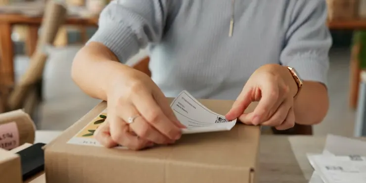 osoba nakleja etykietę zwrotną na pudełko z produktem
