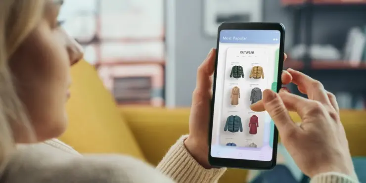 kobieta trzyma telefon z listą produktów