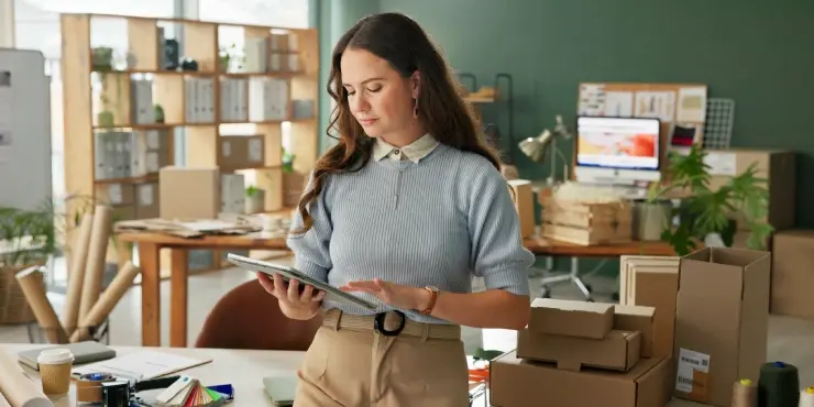 Kobieta trzymająca tablet na tle produktów