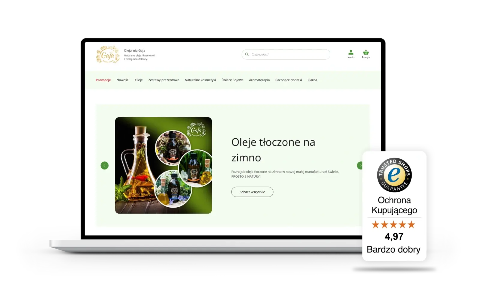 laptop pokazujący stronę główną sklepu olejarnia-gaja.pl ze znakiem jakości Trusted Shops